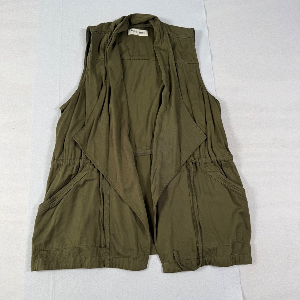 Impressions Womens Olive Green Utility Vest Draped Open Front Drawstring Size M